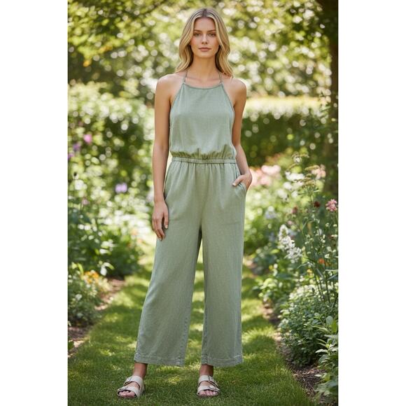 Cloth & Stone Sage Green Halter Jumpsuit XS Anthropologie Wide Leg Tie Back NWOT